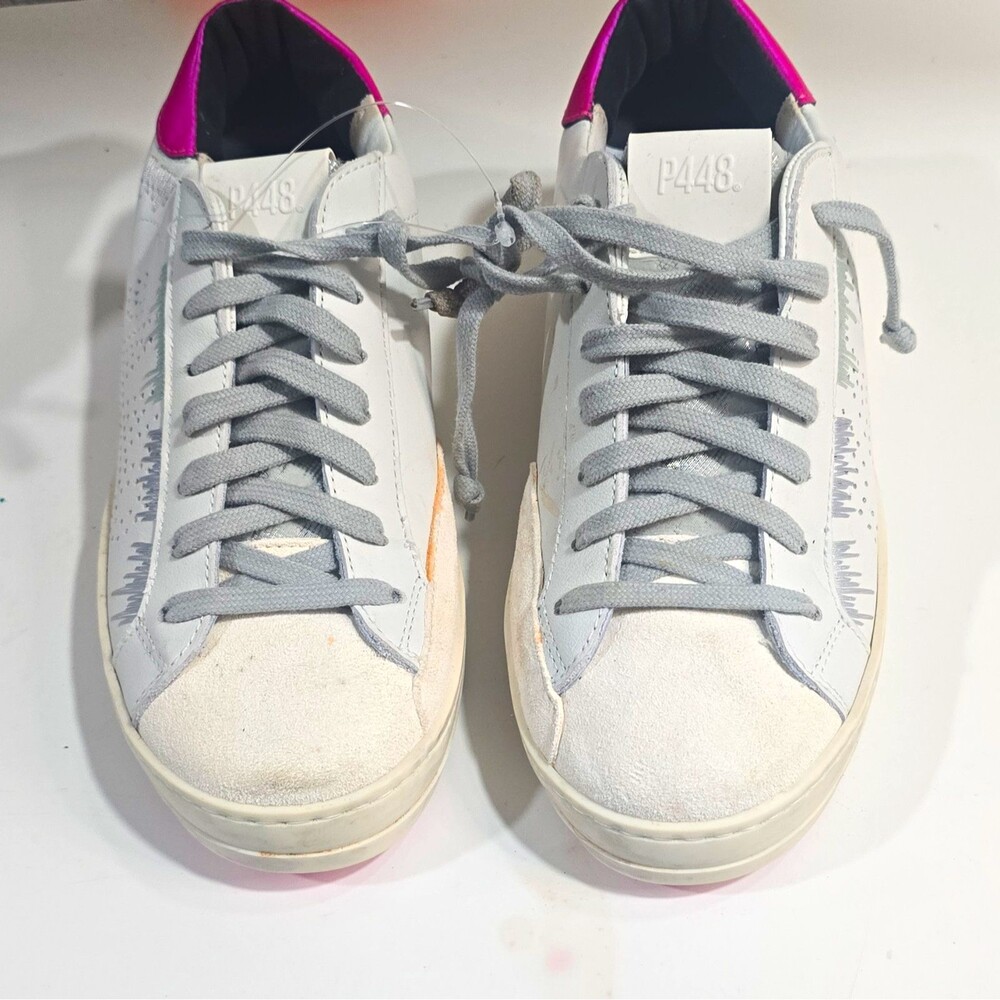 P448 Men’s Low-Top Sneakers White Gray Pink Leather Perforated Lace-Up 7.5